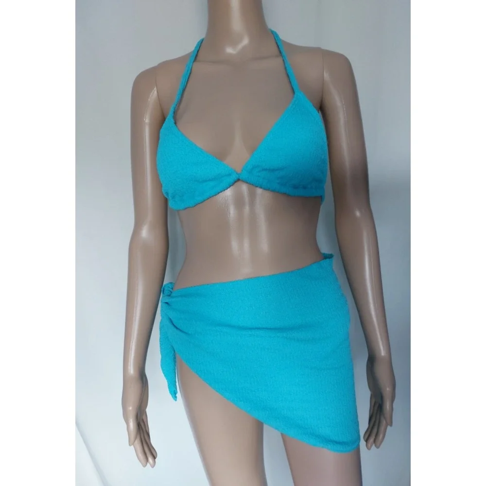 Women's 3‎ Piece Textured High Cut Halter Triangle Bikini Swimsuit Mint size S